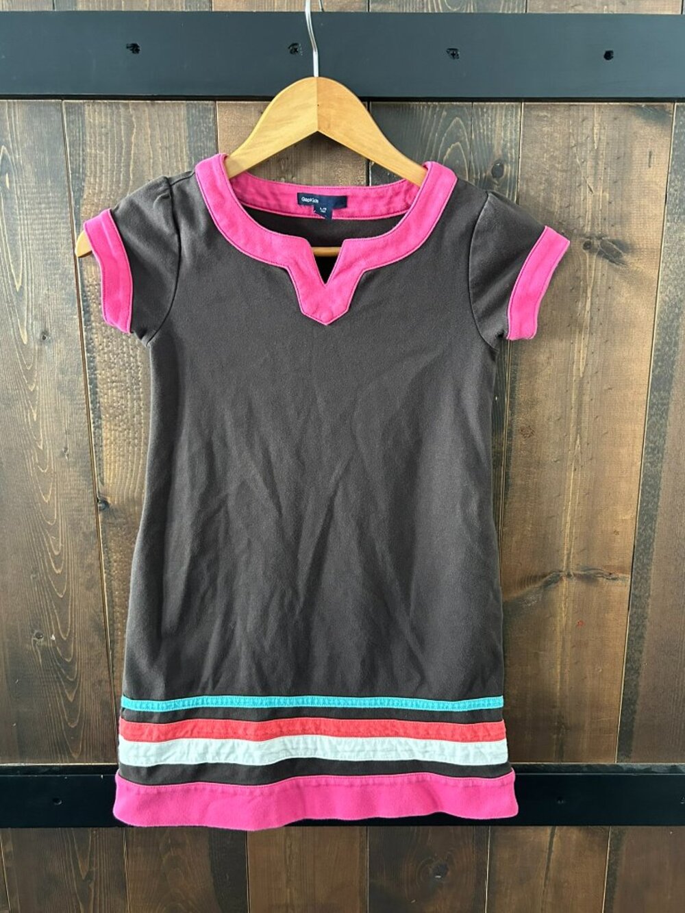 Gap Brown Short Sleeve Dress with Pink Trim and Striped Hem Girls Size L (10)
